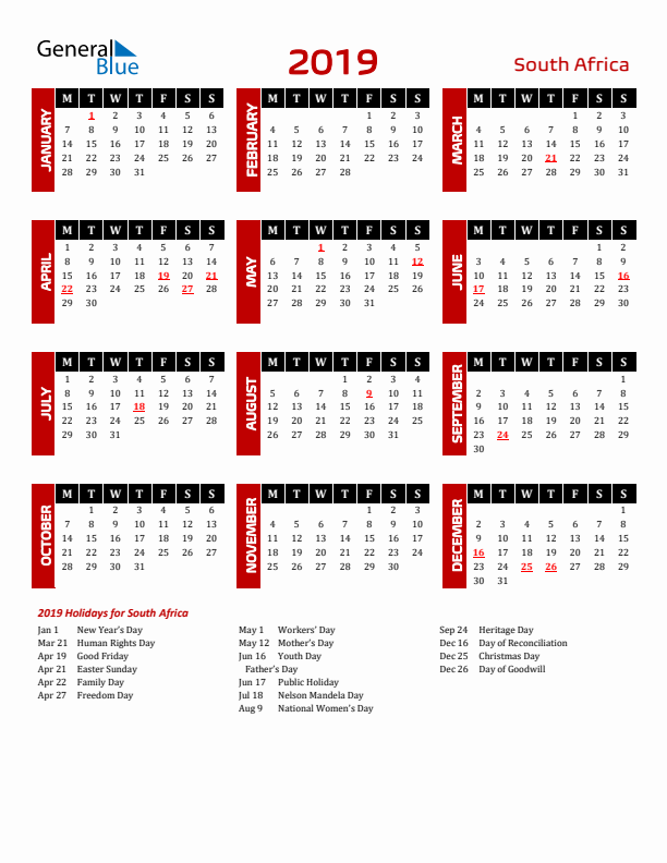 Download South Africa 2019 Calendar - Monday Start