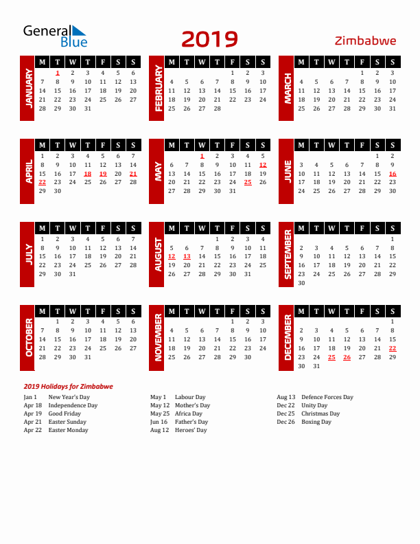 Download Zimbabwe 2019 Calendar - Monday Start