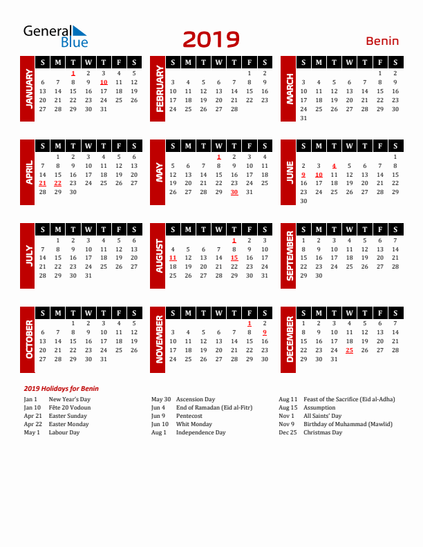 Download Benin 2019 Calendar - Sunday Start