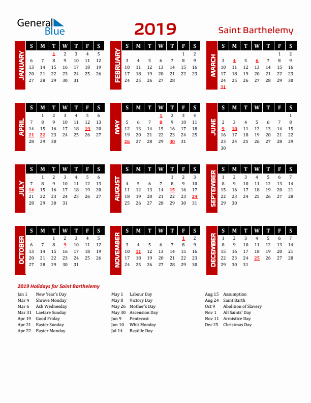 Download Saint Barthelemy 2019 Calendar - Sunday Start