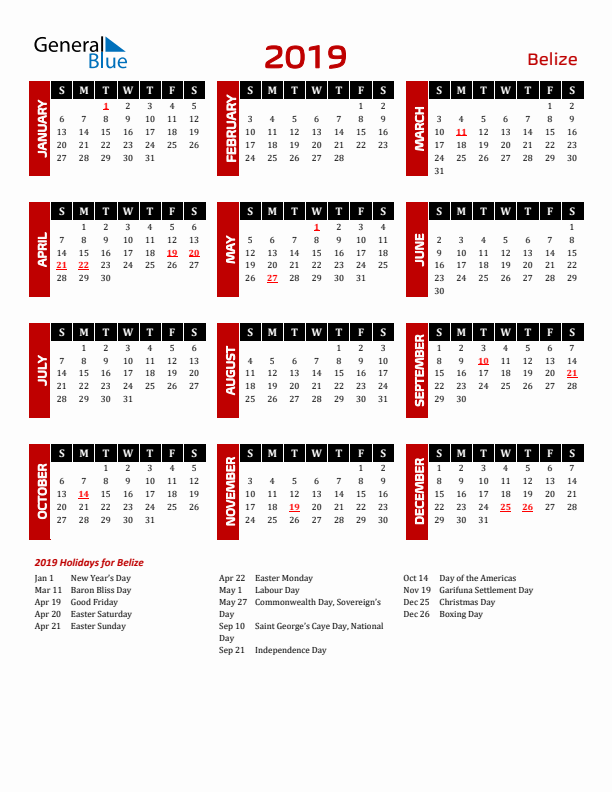 Download Belize 2019 Calendar - Sunday Start
