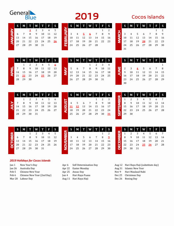 Cocos Islands 2019 Yearly Calendar Downloadable