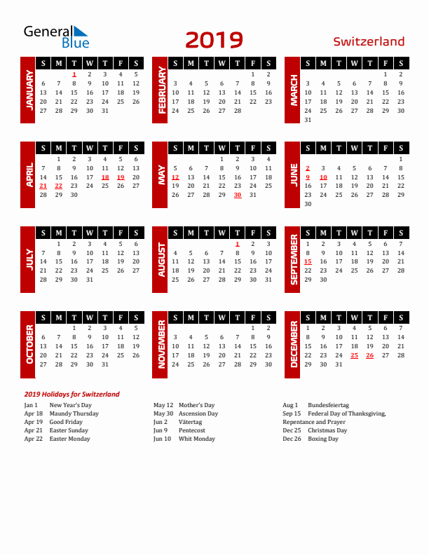 Download Switzerland 2019 Calendar - Sunday Start