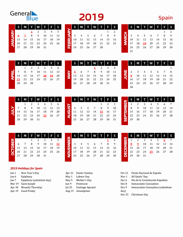 Download Spain 2019 Calendar - Sunday Start