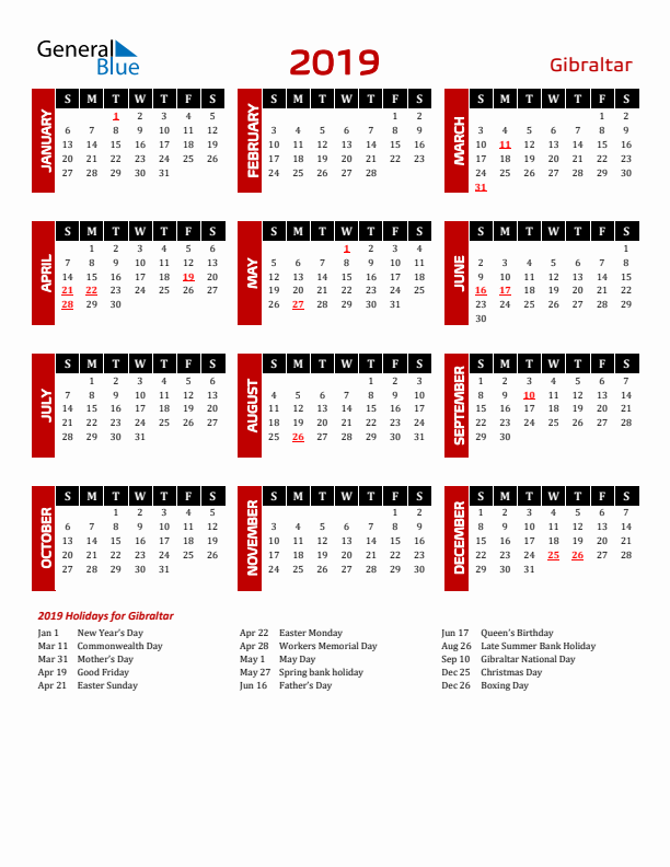 Download Gibraltar 2019 Calendar - Sunday Start