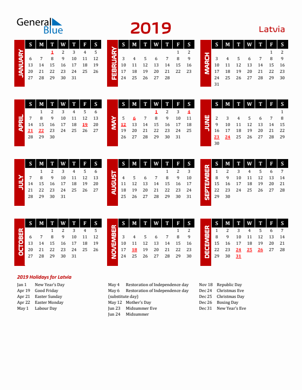 Download Latvia 2019 Calendar - Sunday Start