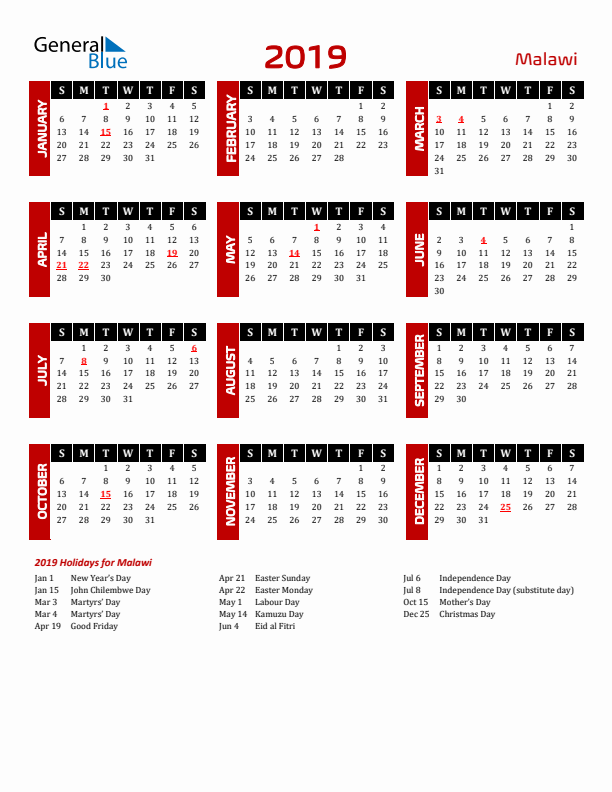 Download Malawi 2019 Calendar - Sunday Start