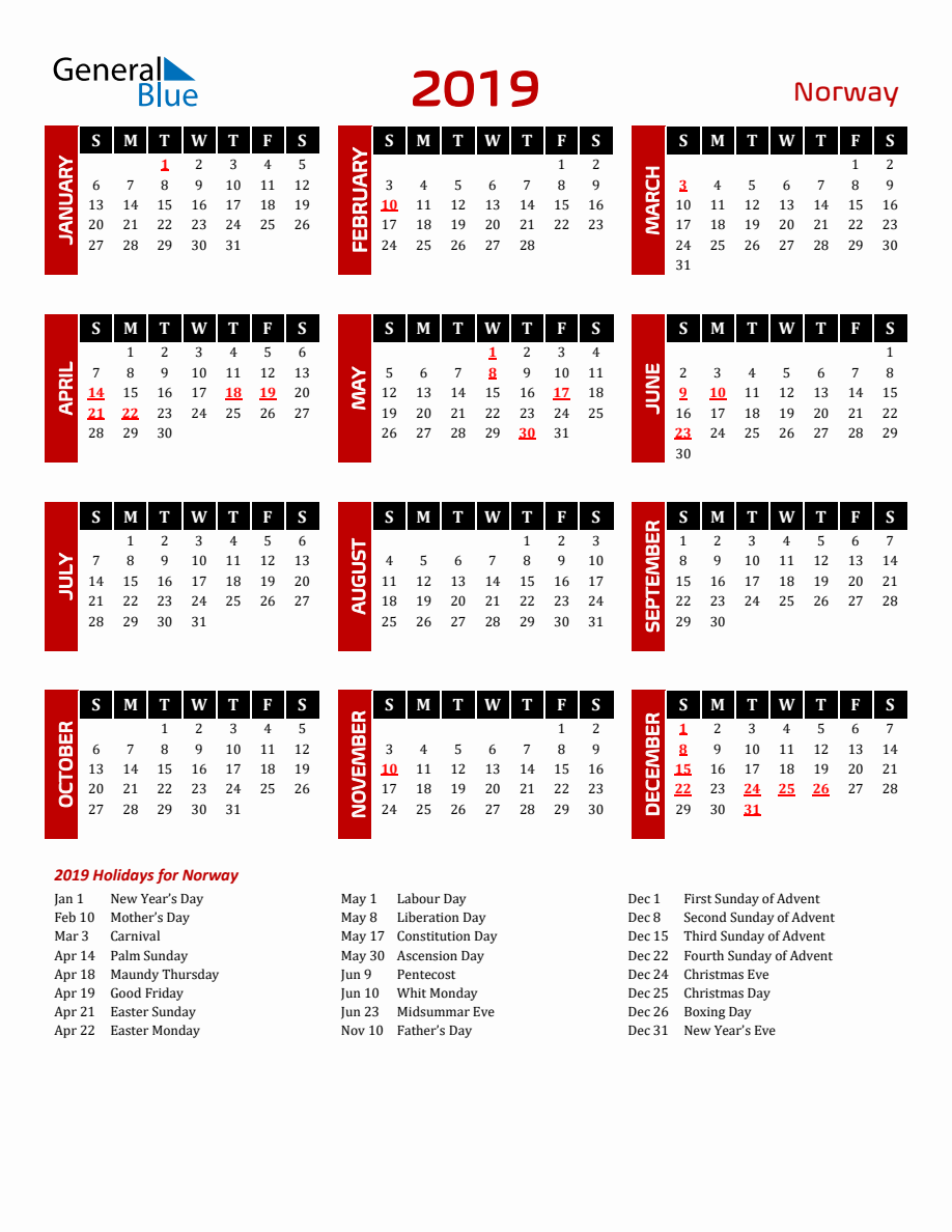 Norway 2019 Yearly Calendar Downloadable