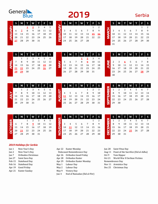 Download Serbia 2019 Calendar - Sunday Start