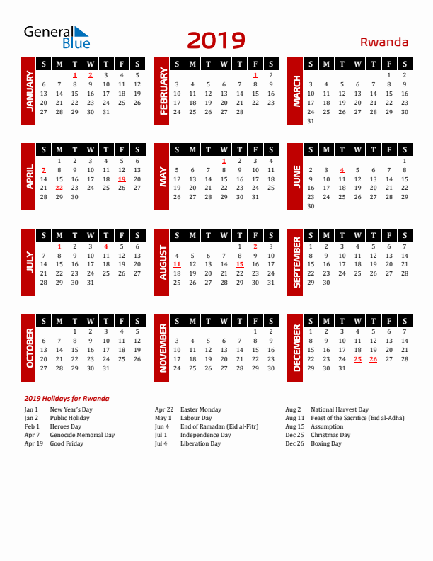 Download Rwanda 2019 Calendar - Sunday Start