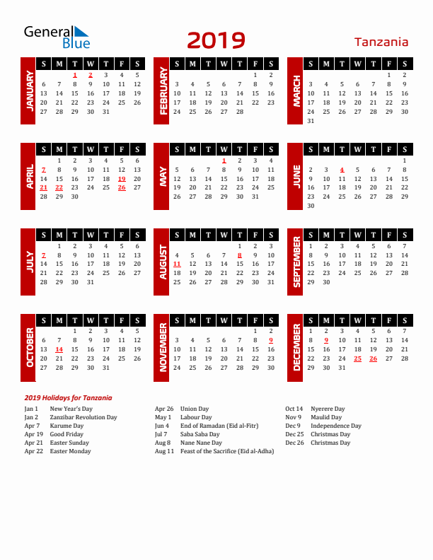 Download Tanzania 2019 Calendar - Sunday Start