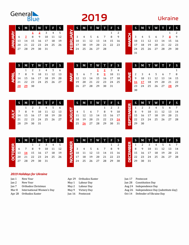 Download Ukraine 2019 Calendar - Sunday Start