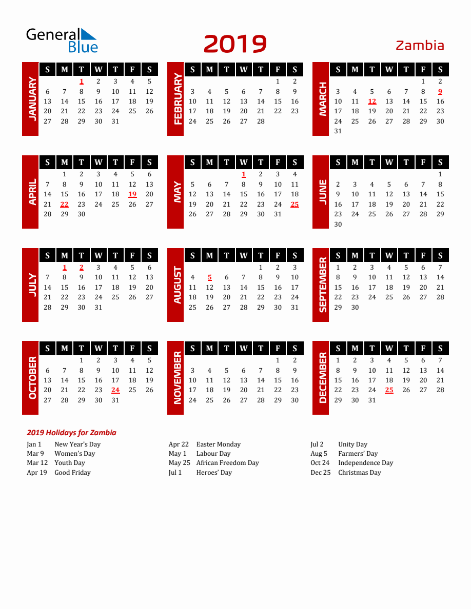 Zambia 2019 Yearly Calendar Downloadable