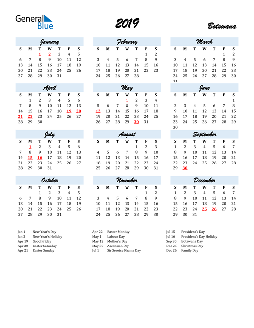 2019 Botswana Calendar with Holidays