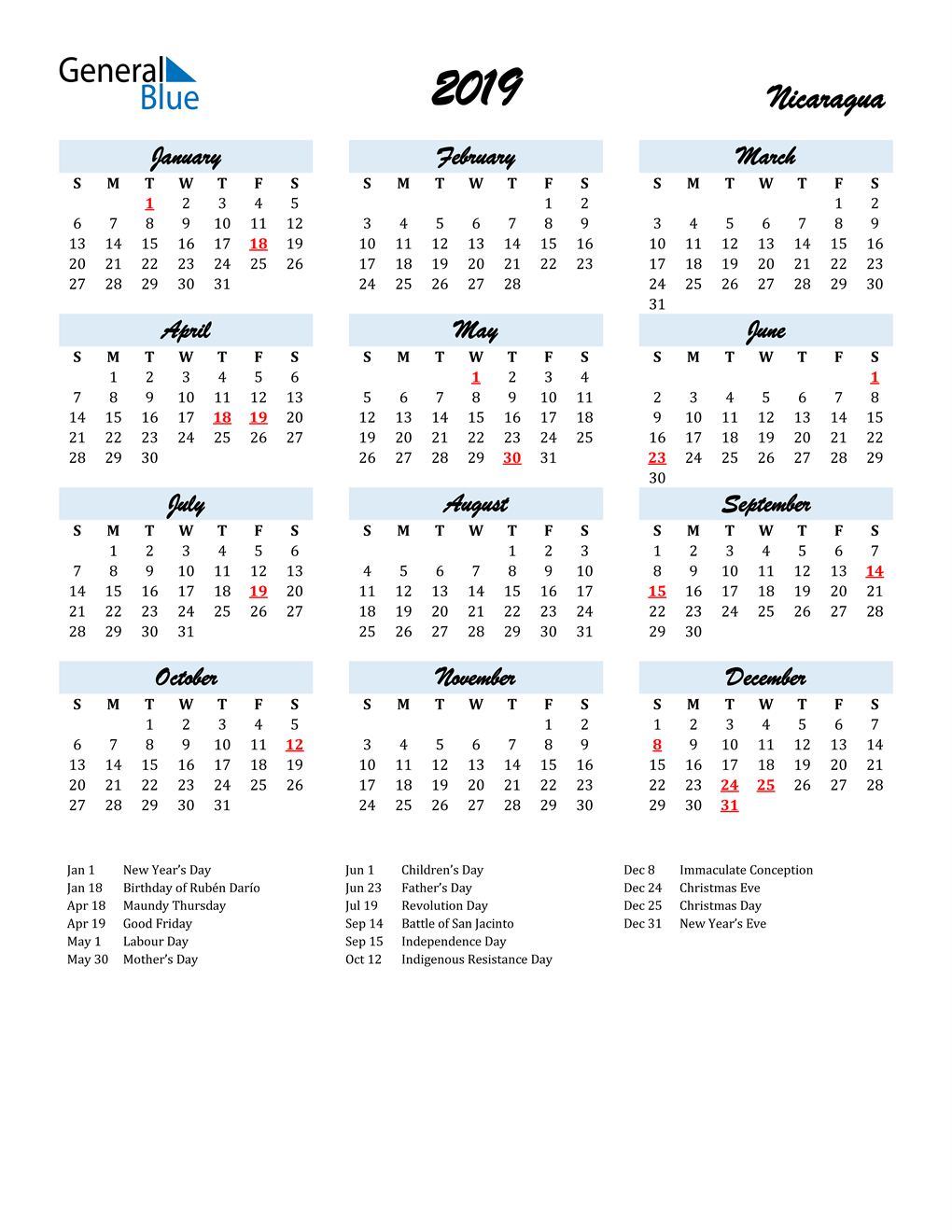 2019 Nicaragua Calendar with Holidays