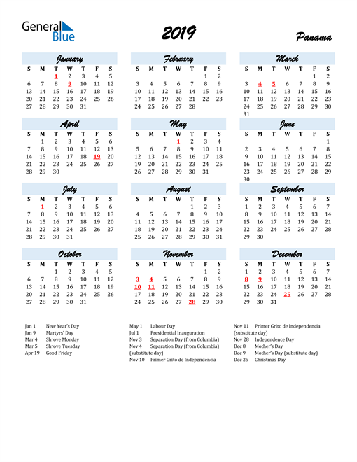 2019 Panama Calendar with Holidays