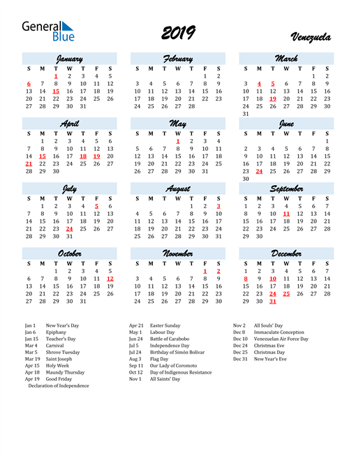 2019 Venezuela Calendar with Holidays