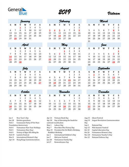 2019 Vietnam Calendar With Holidays