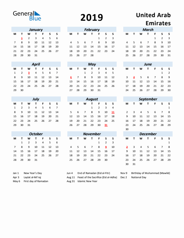 2019 Calendar for United Arab Emirates with Holidays