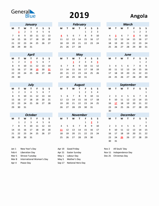2019 Calendar for Angola with Holidays