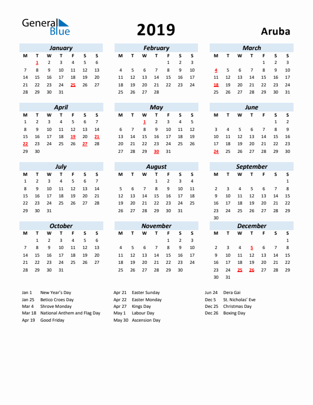 2019 Calendar for Aruba with Holidays