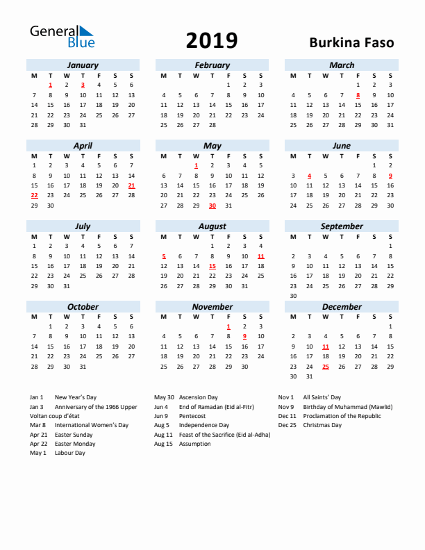 2019 Calendar for Burkina Faso with Holidays