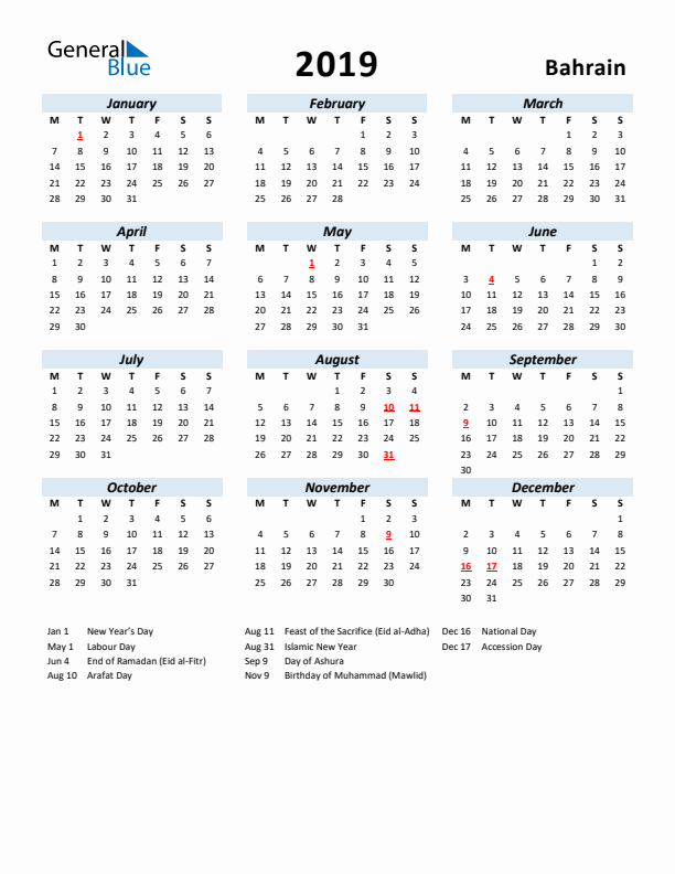 2019 Calendar for Bahrain with Holidays