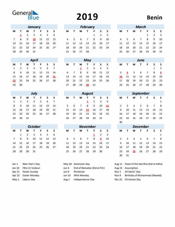 2019 Calendar for Benin with Holidays