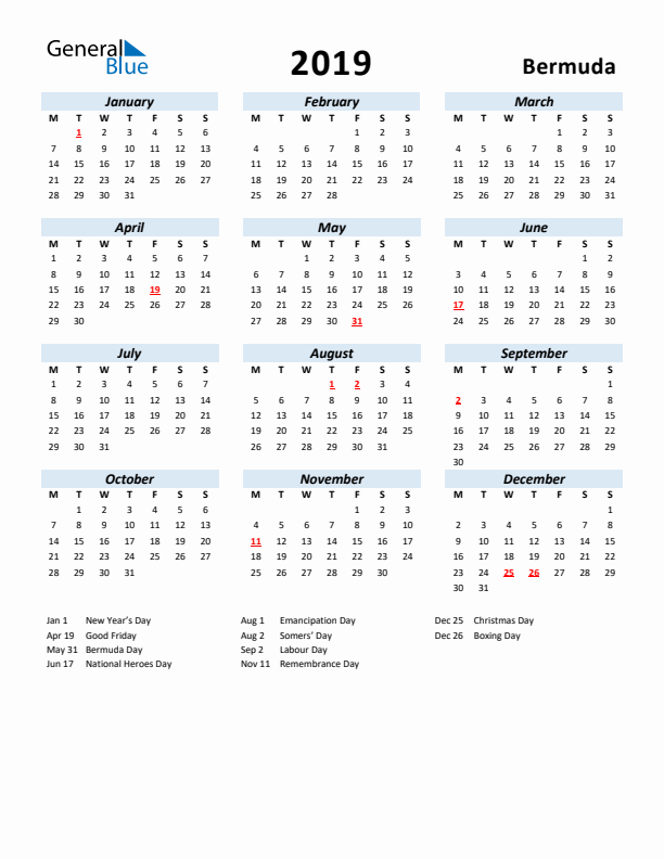 2019 Calendar for Bermuda with Holidays