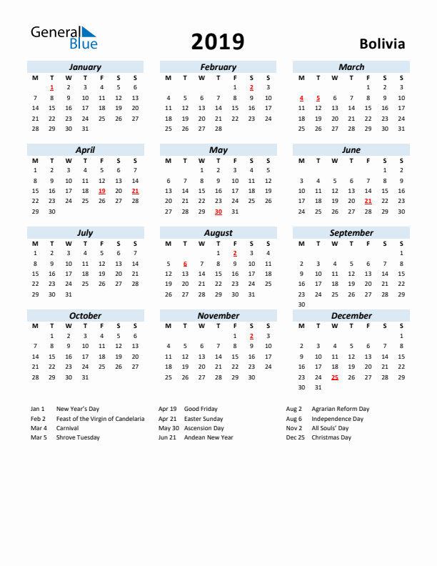 2019 Calendar for Bolivia with Holidays