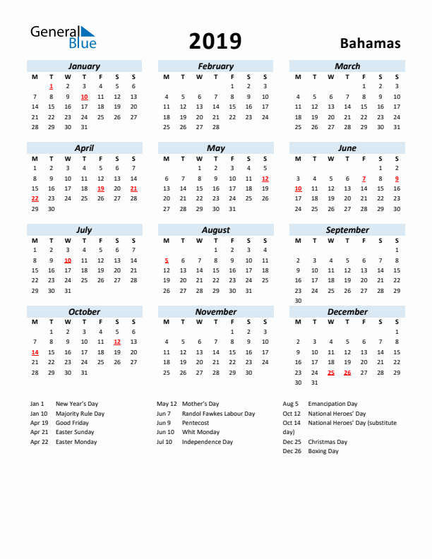 2019 Calendar for Bahamas with Holidays