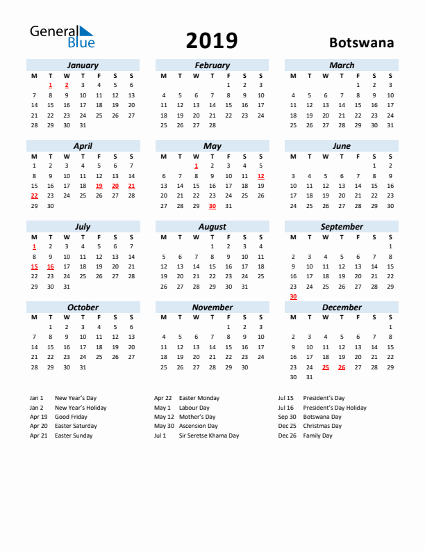2019 Calendar for Botswana with Holidays
