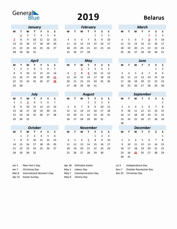 2019 Calendar for Belarus with Holidays