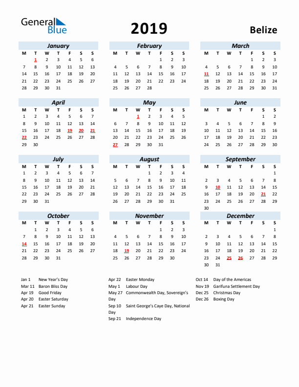 2019 Calendar for Belize with Holidays