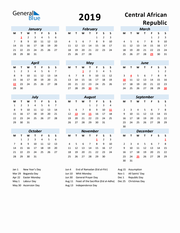 2019 Calendar for Central African Republic with Holidays