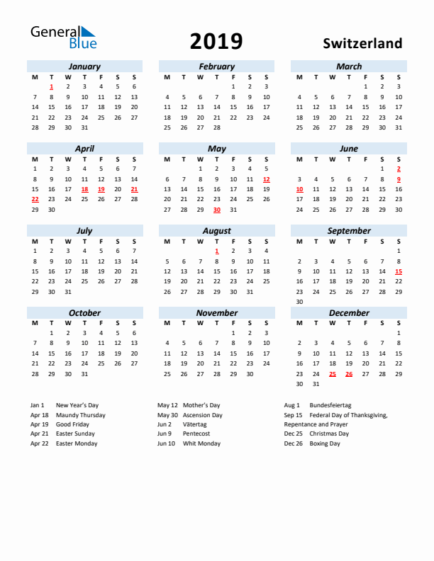 2019 Calendar for Switzerland with Holidays