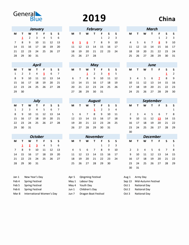 2019 Calendar for China with Holidays