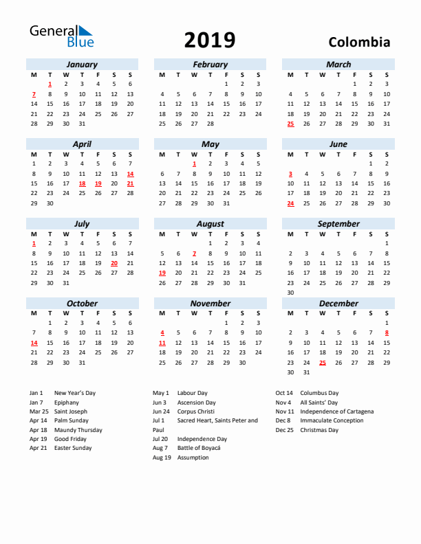 2019 Calendar for Colombia with Holidays
