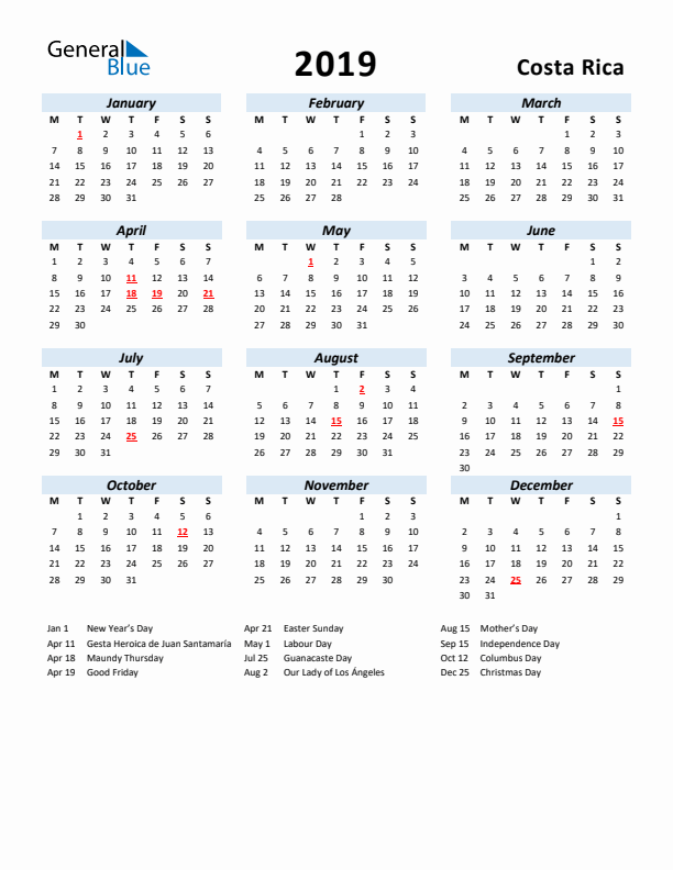 2019 Calendar for Costa Rica with Holidays