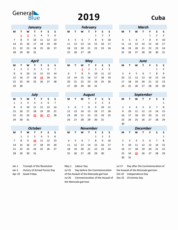 2019 Calendar for Cuba with Holidays