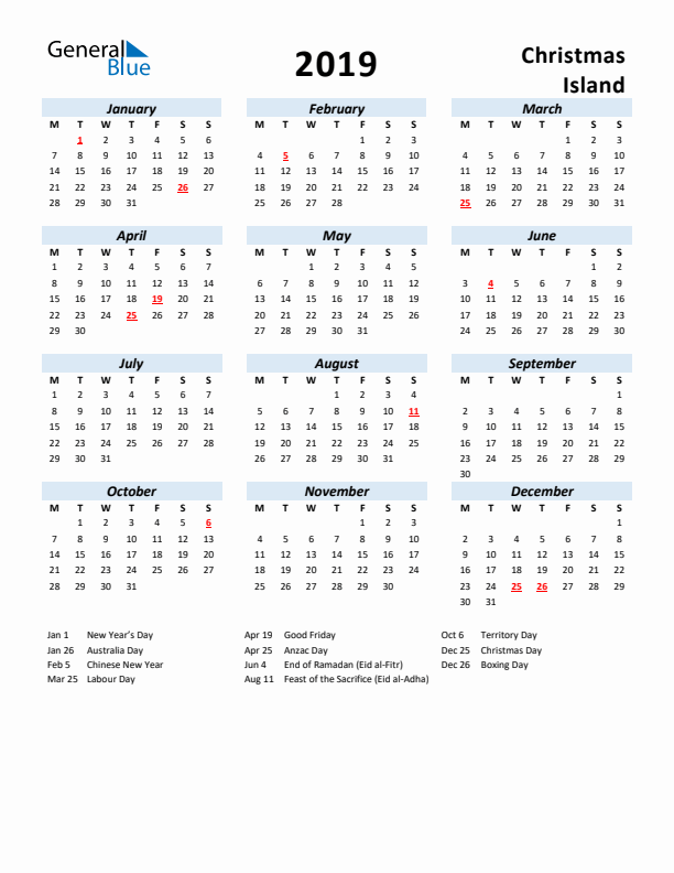 2019 Calendar for Christmas Island with Holidays