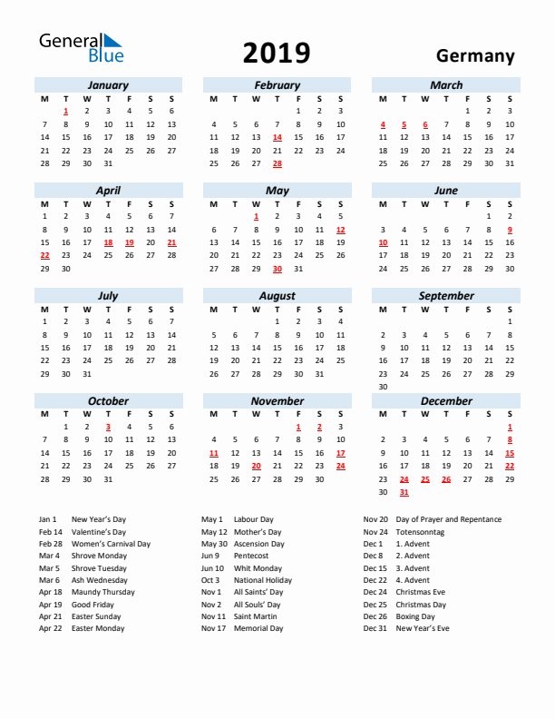 2019 Calendar for Germany with Holidays