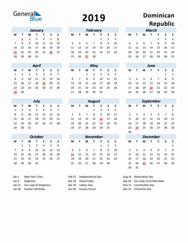2019 Calendar for Dominican Republic with Holidays