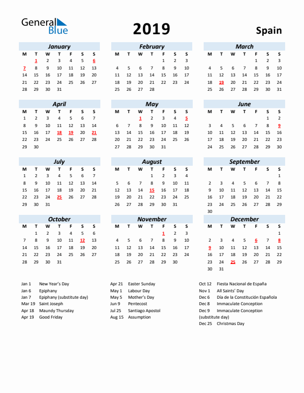 2019 Calendar for Spain with Holidays