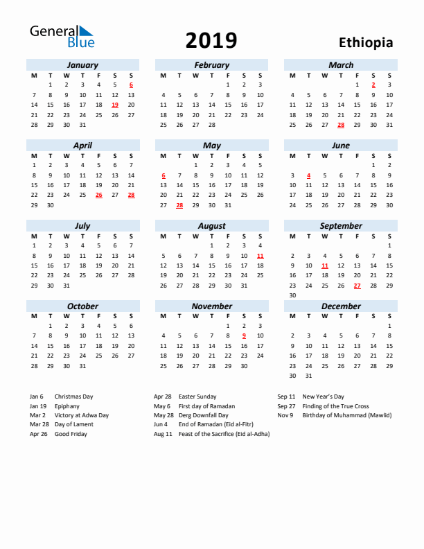 2019 Calendar for Ethiopia with Holidays