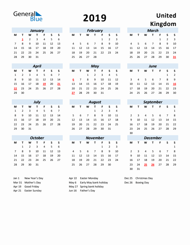 2019 Calendar for United Kingdom with Holidays