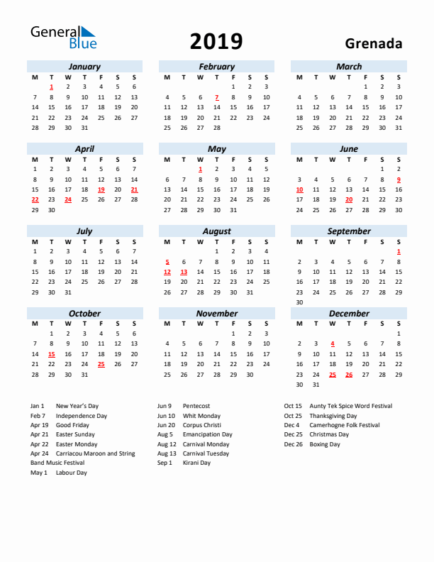 2019 Calendar for Grenada with Holidays