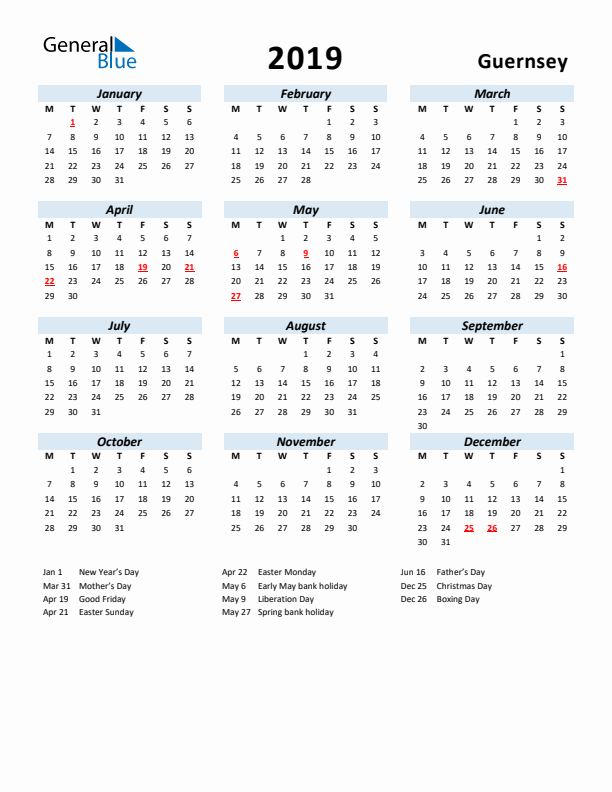 2019 Calendar for Guernsey with Holidays