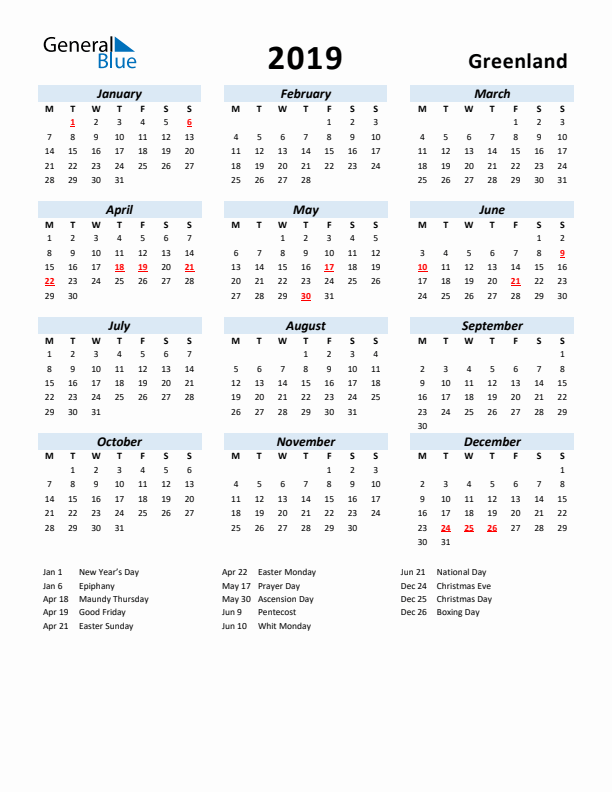 2019 Calendar for Greenland with Holidays