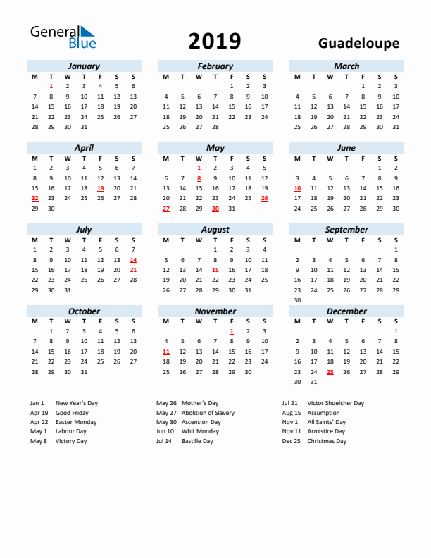 2019 Calendar for Guadeloupe with Holidays